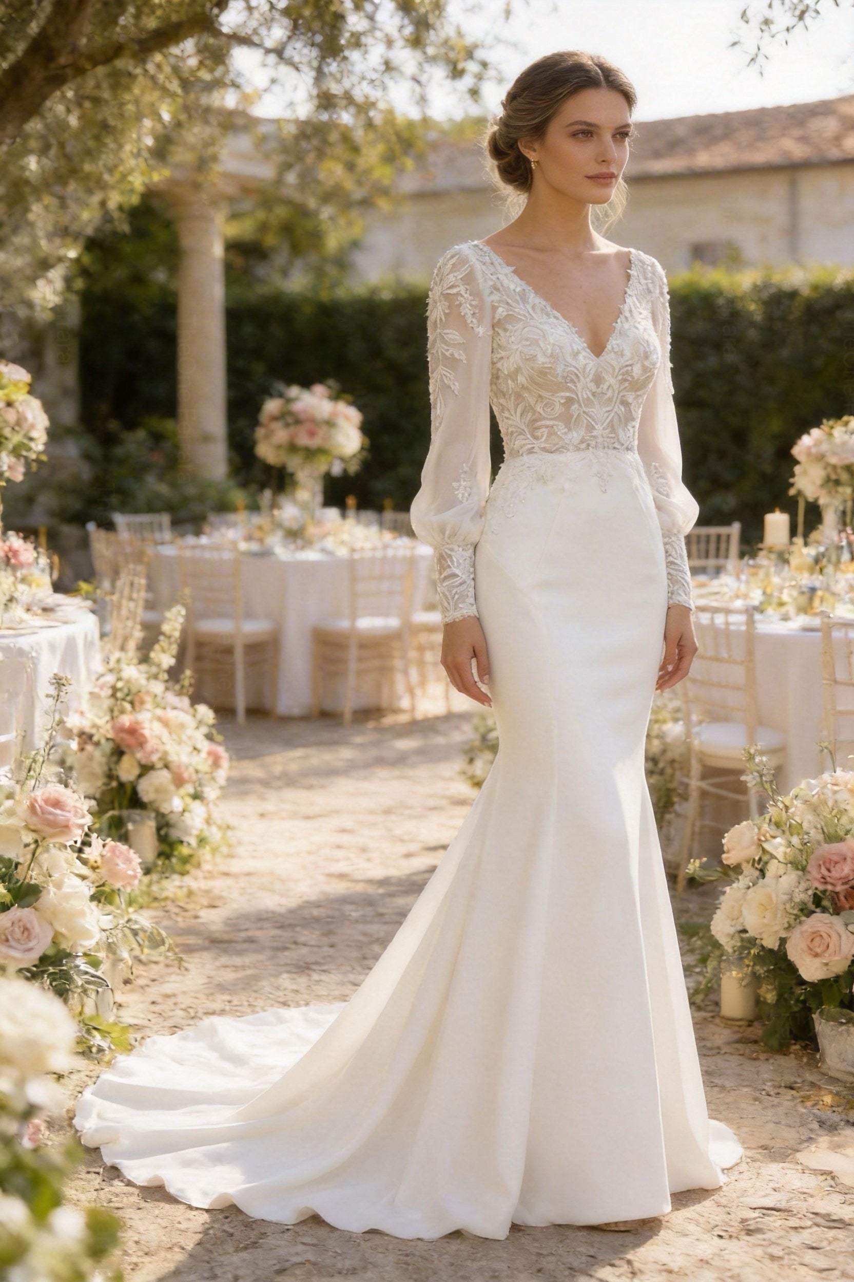 Abito da Sposa Sirena con Maniche Lunghe in Pizzo Ricamato – Scollo Profondo a V, Schiena Scoperta con Bottoni, Stile Boho Elegante 817053 Bianco L