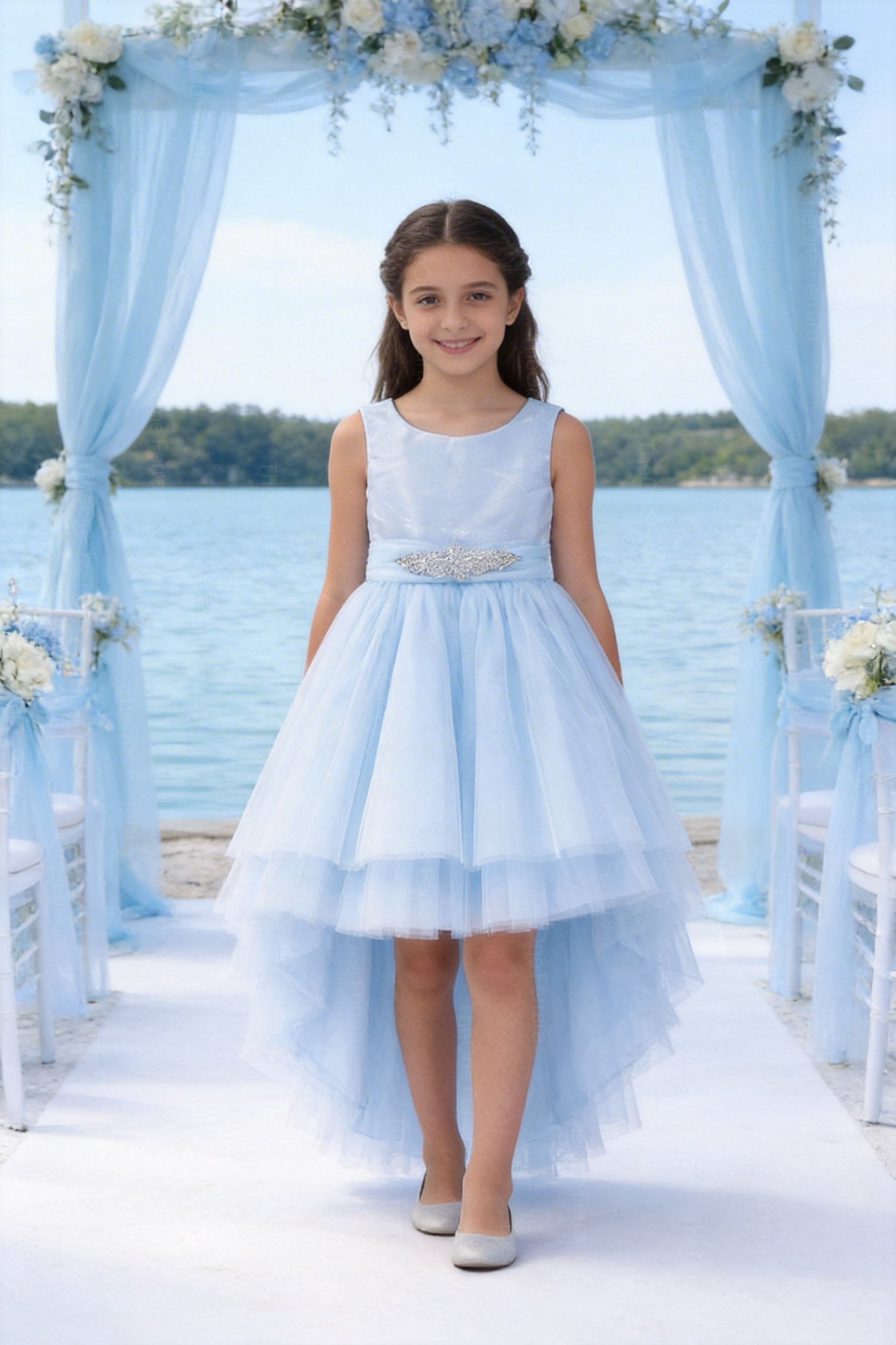 Abito da Cerimonia Bambina Elegante 4-14 Anni – Vestito Damigella in Tulle Multistrato con Cintura Gioiello (Bianco, Champagne, Azzurro) 82535