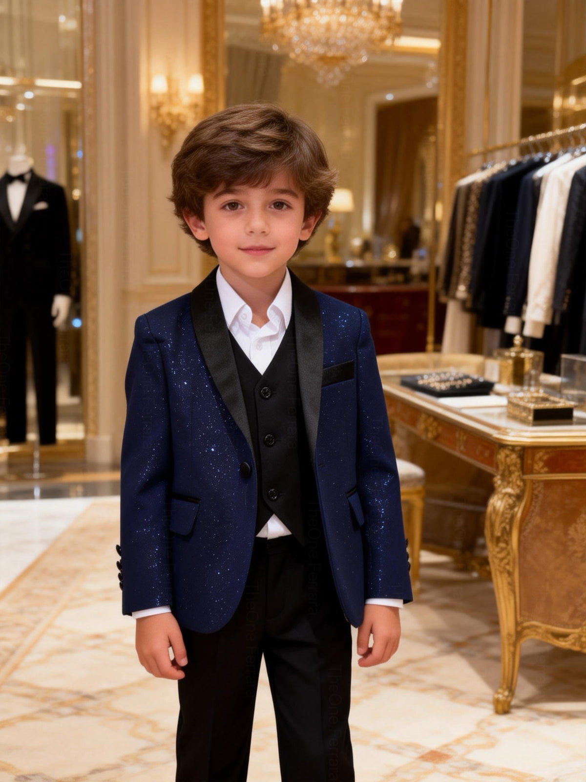 Completo Elegante Bambino Blu Notte Brillante 5 Pezzi Abito Cerimonia Matrimonio 1-14Anni