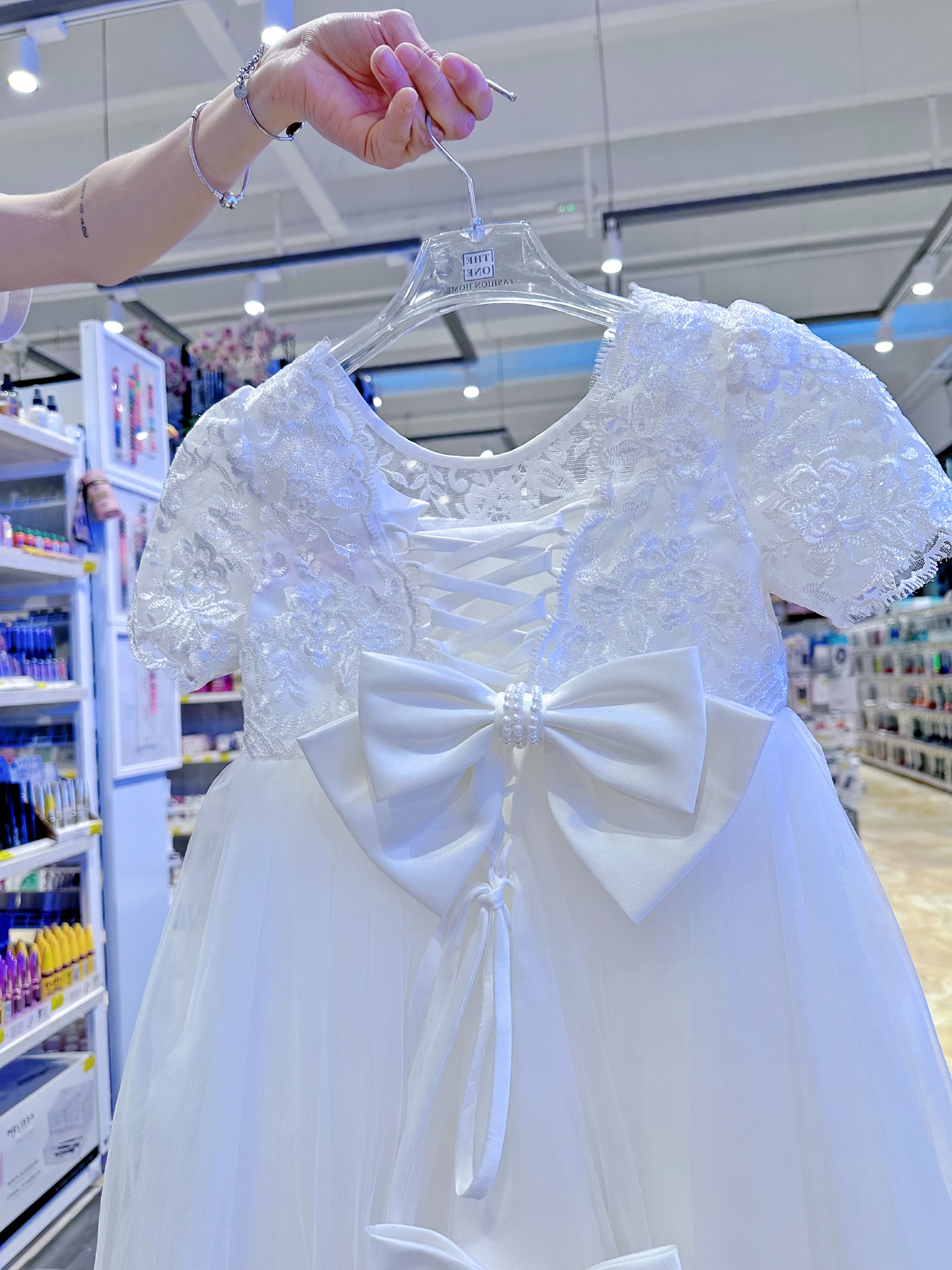 Abito Cerimonia Bambina Bianco in Pizzo e Tulle Comunione, Damigella, Festa 4-14 Anni 3637-TheOne