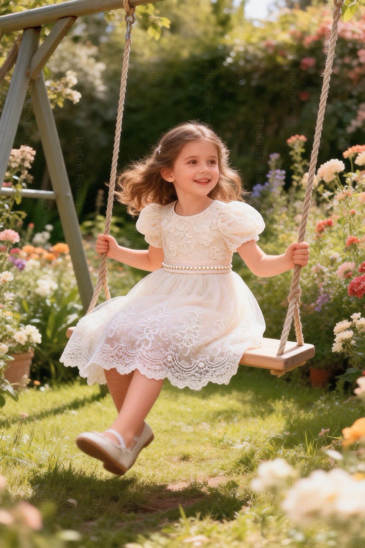 Abito Elegante Bambina in Tulle e Pizzo con Maniche a Sbuffo e Cintura di Perle – Cerimonia 2-12 Anni 815