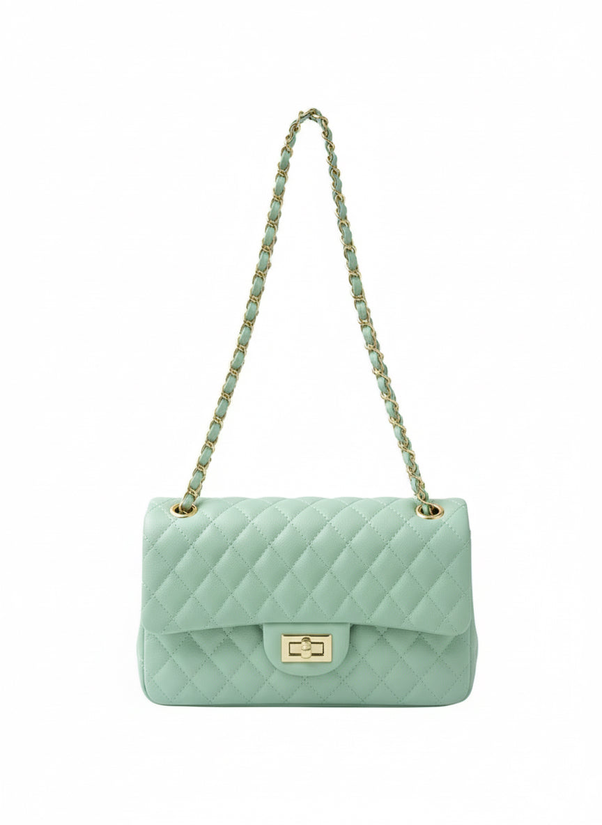 Borsa Donna Trapuntata a Spalla con Catena – Stile Italiano Elegante 9887, 27×8X16 cm Green