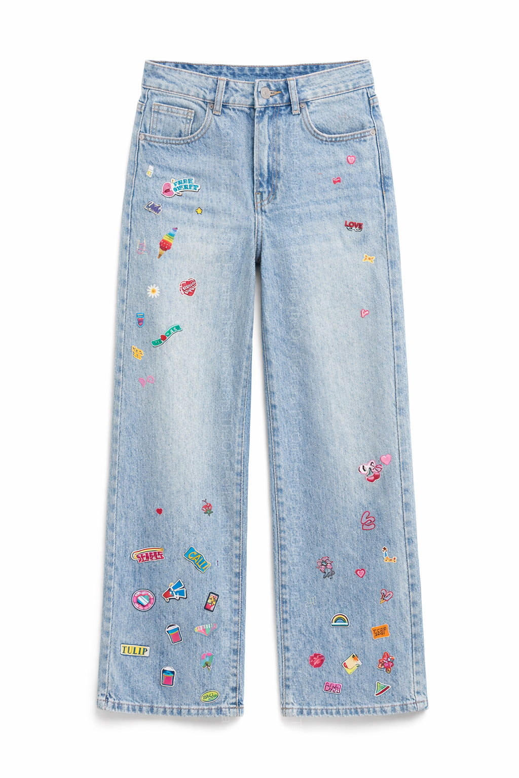 Jeans Donna Wide Leg Elasticizzati a Vita Alta con Patch Decorativi – Denim Chiaro 9110 -TheOne Azzurro chiaro