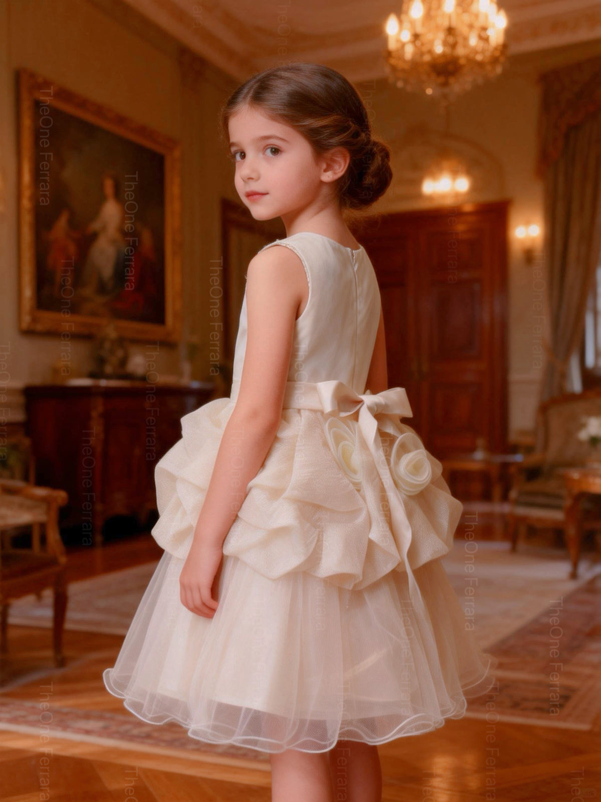 Abito da Cerimonia Bambina Avorio con Pizzo 3D e Maxi Fiori in Organza – Gonna in Tulle 8519