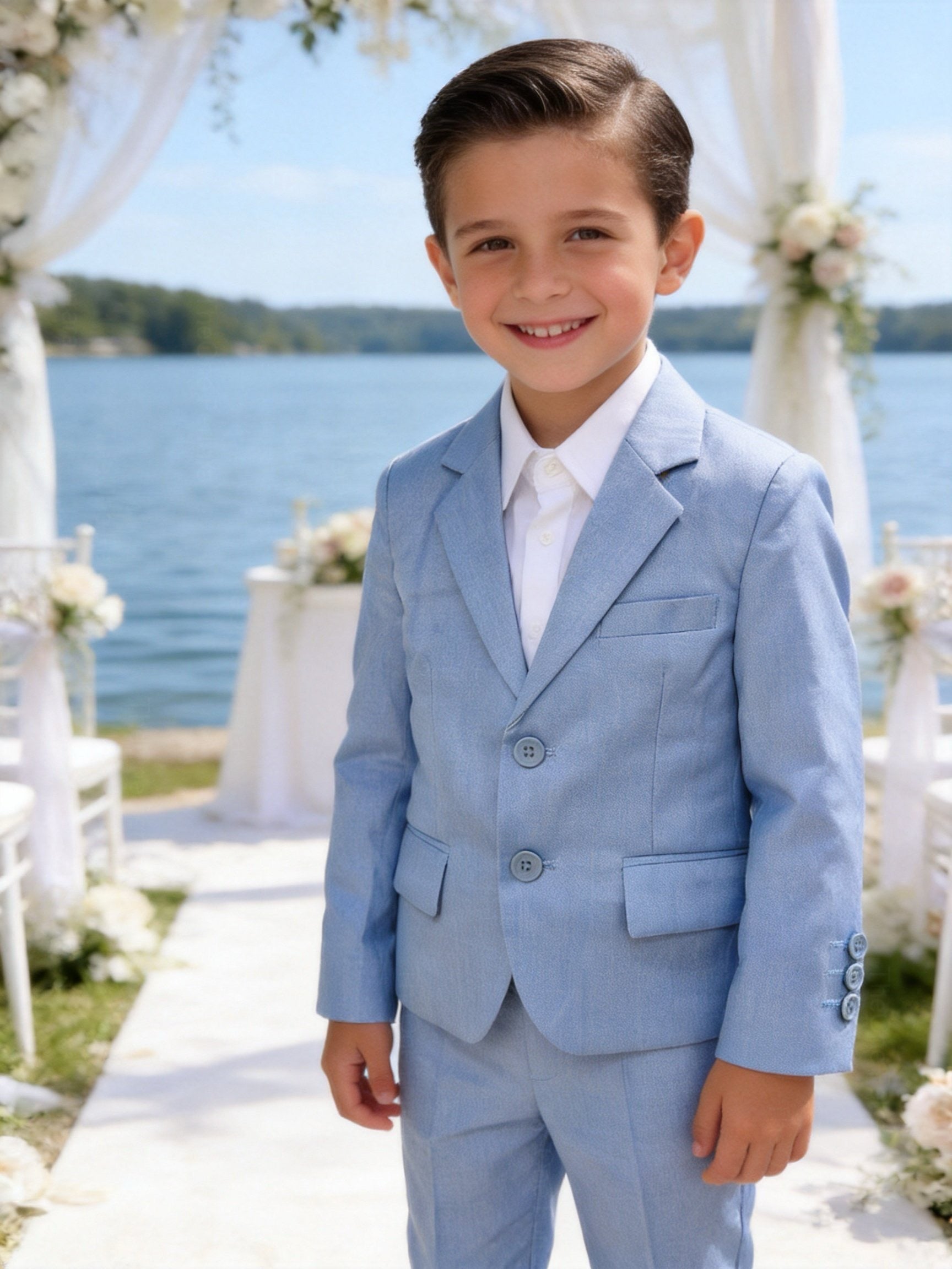 Completo Elegante Bambino Celeste 5 Pezzi con Giacca Gilet Pantaloni Camicia e Papillon