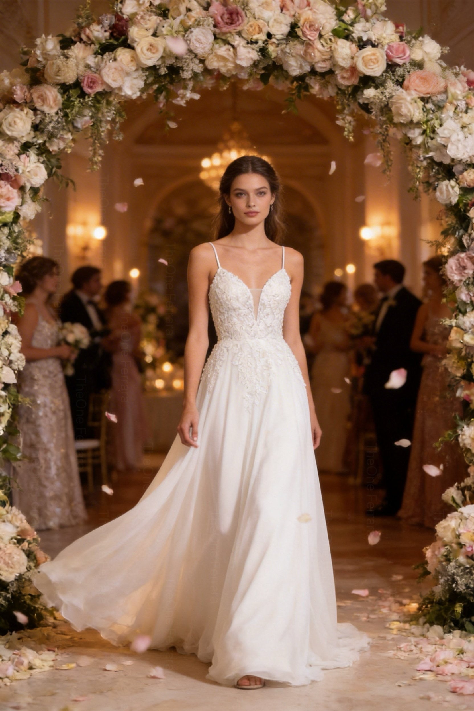 Abito da Sposa A-Line in Chiffon con Pizzo 3D e Scollo Profondo – Spalline Sottili, Effetto Corsetto, Colore Avorio Naturale 879001