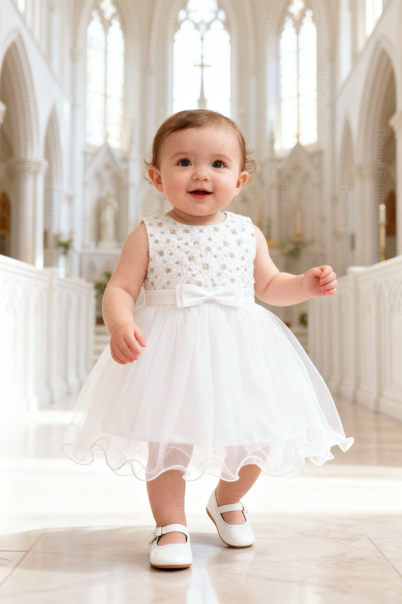 Abito Battesimo Neonata 6–36 Mesi Bianco Tulle con Fiocco-6662