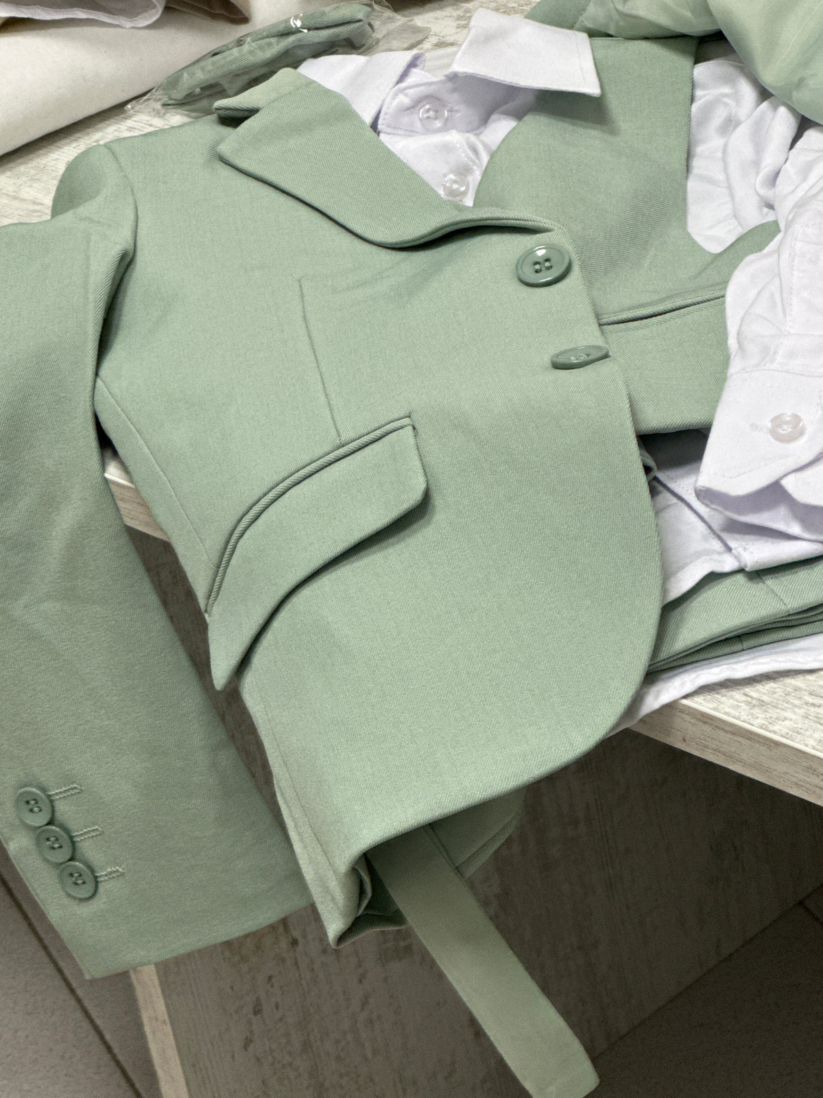 Completo Bambino Matrimonio Verde Salvia 5 Pezzi Elegante 1-16 Anni
