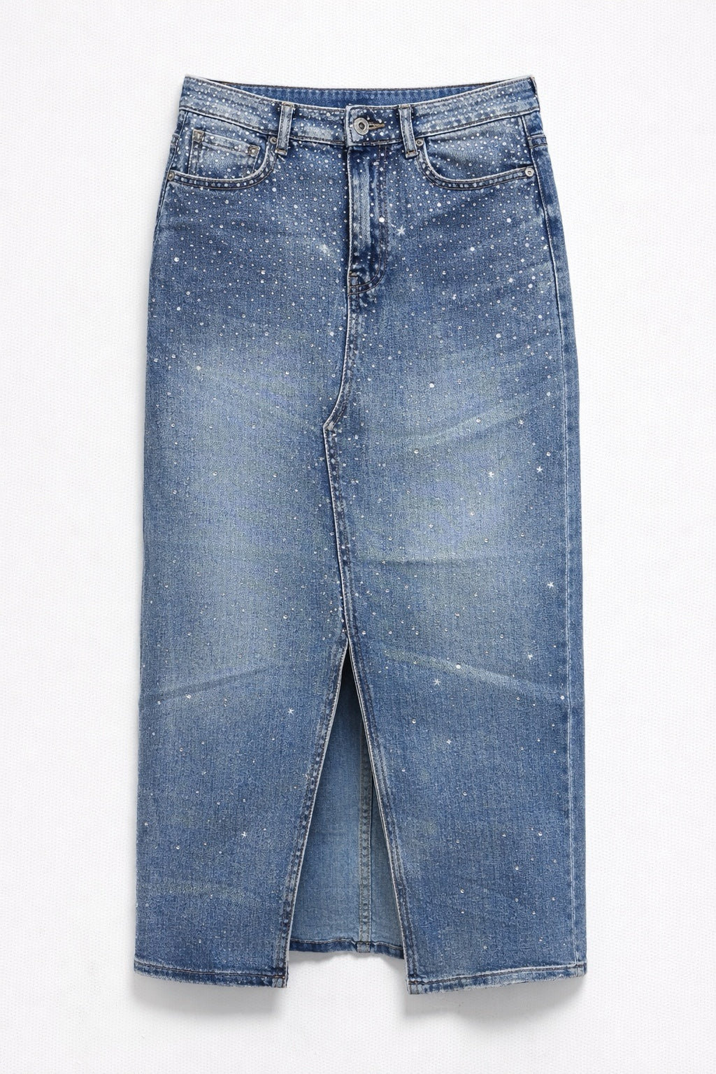 Gonna Jeans Donna Midi – Denim con Strass Vita Alta Elegante 6226 Denim Blue
