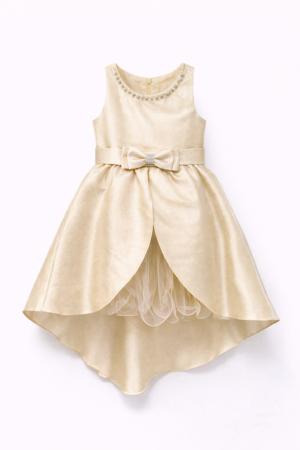 Abito da Cerimonia Bambina in Raso con Gonna in Tulle e Fiocco – Scollo Perle 2-12 Anni 750 Champagne