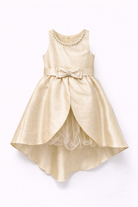 Abito da Cerimonia Bambina in Raso con Gonna in Tulle e Fiocco – Scollo Perle 2-12 Anni 750 Champagne