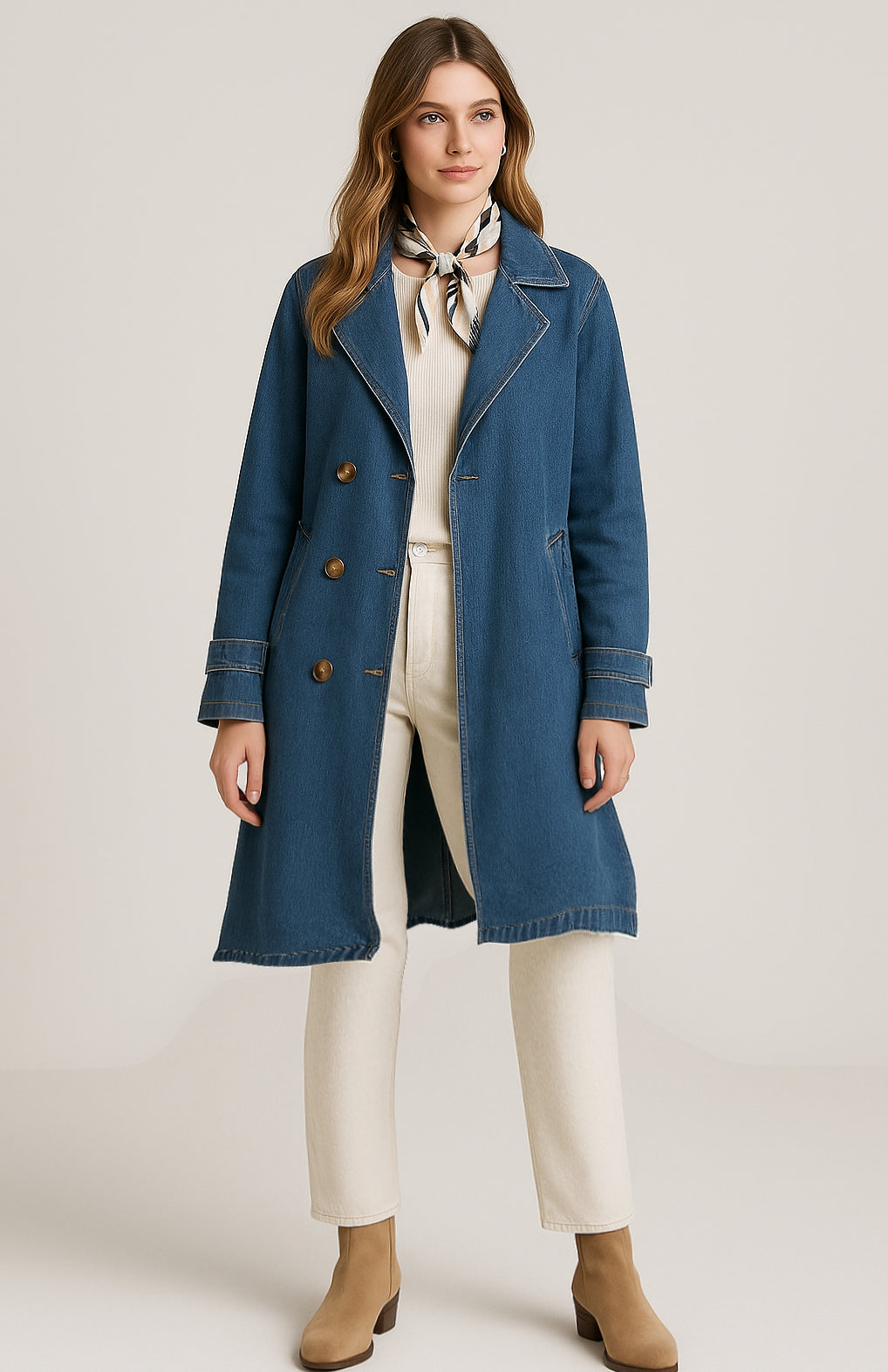 Trench in Denim da Donna con Cintura | Doppiopetto Elegante -1668