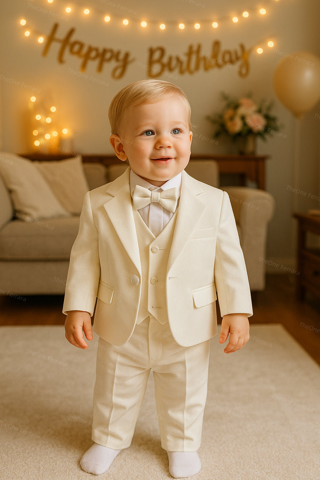 Completo Cerimonia Bambino 5 Pezzi – Abito Elegante Color Panna per Bimbo 6–36 Mesi con Giacca, Gilet, Camicia, Pantaloni e Papillon 6-36M，528-TheOne Panna 36M 65% cotton 35% Poliestere