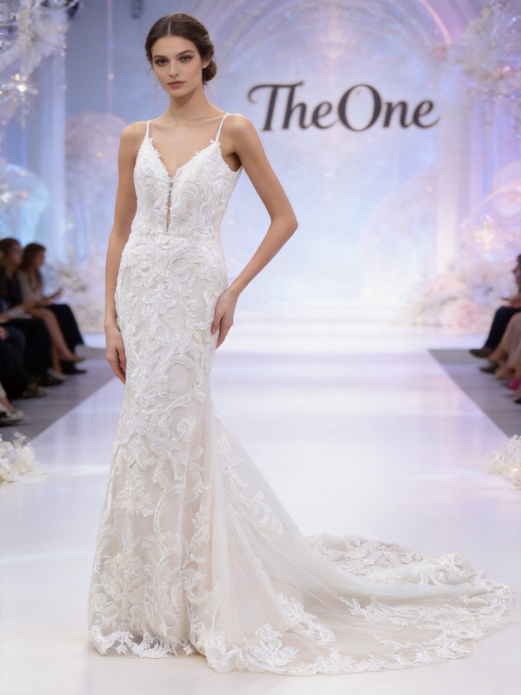 Abito da Sposa a Sirena in Pizzo Ricamato con Schiena Scoperta e Strascico-828016