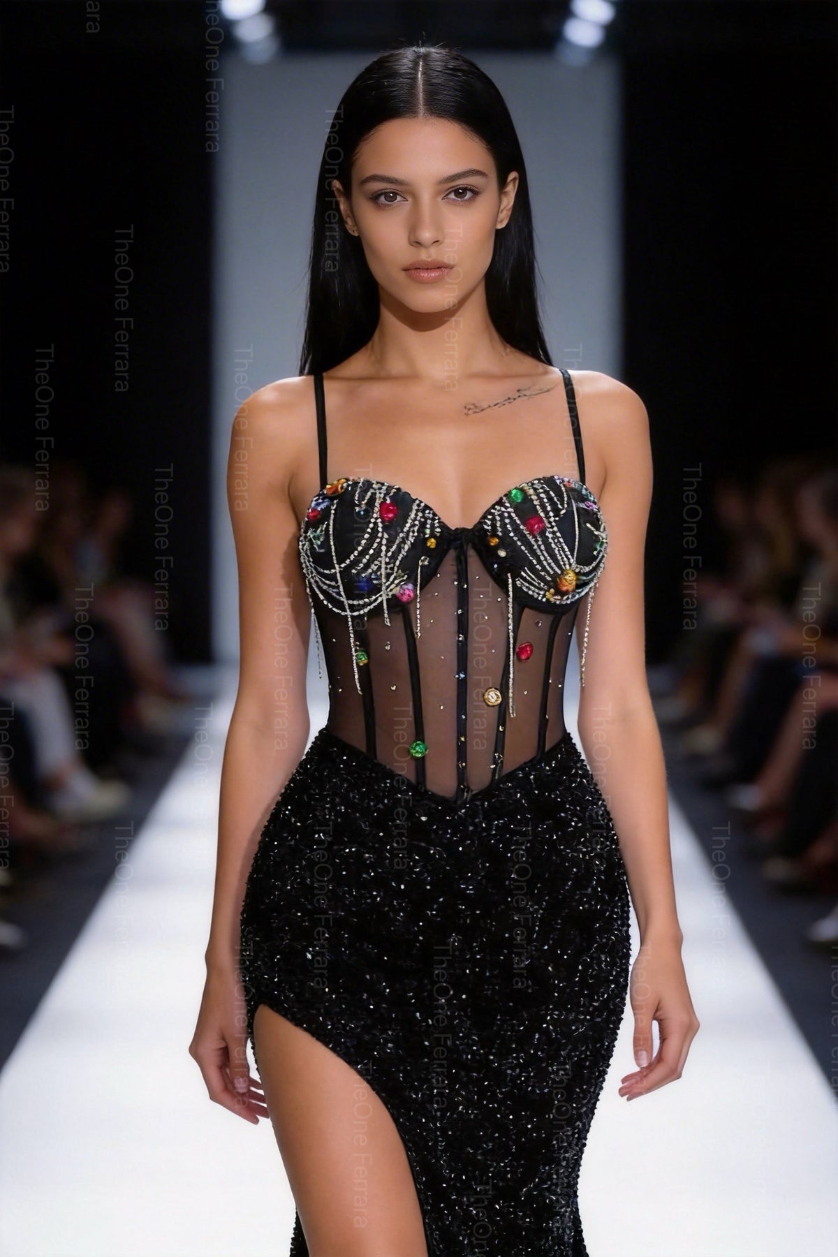 Abito Lungo da Gala con Corsetto Gioiello e Spacco Alto 512127
