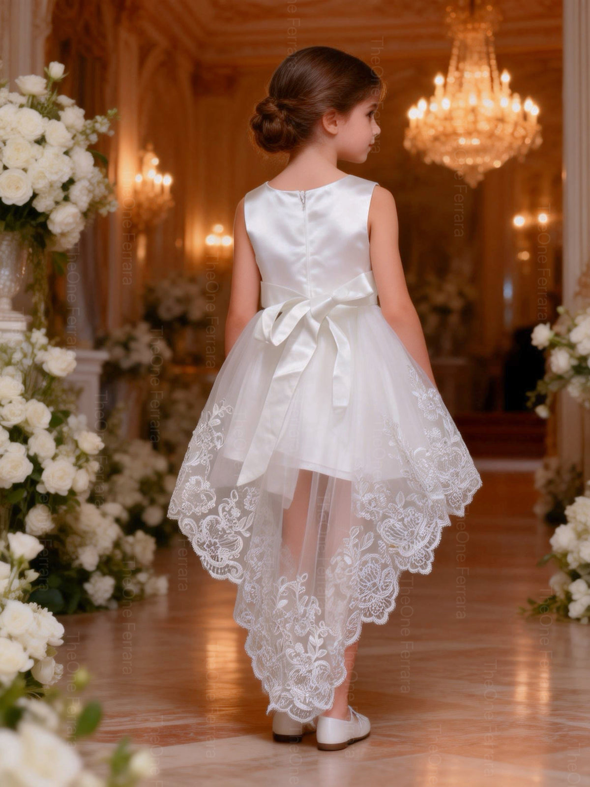 Abito da Cerimonia Bambina Bianco per Battesimo, Comunione e Matrimonio – Pizzo & Tulle, Fiocco, Orlo Asimmetrico (2-16Anni) 9691-TheOne Ferrara