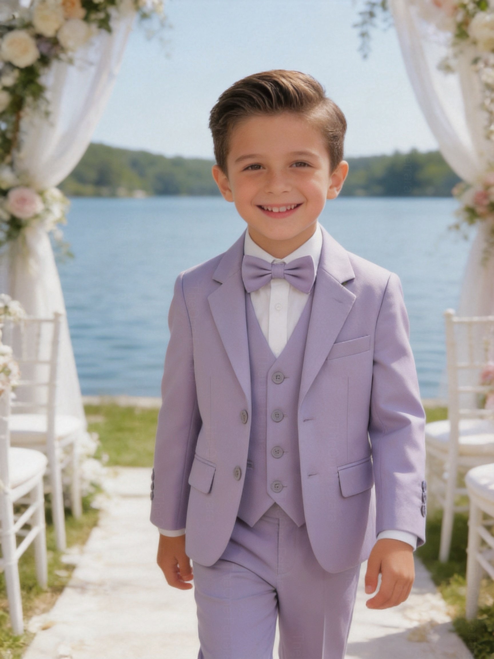 Completo Elegante Bambino Lilla 5 Pezzi con Giacca Gilet Pantaloni Camicia e Papillon