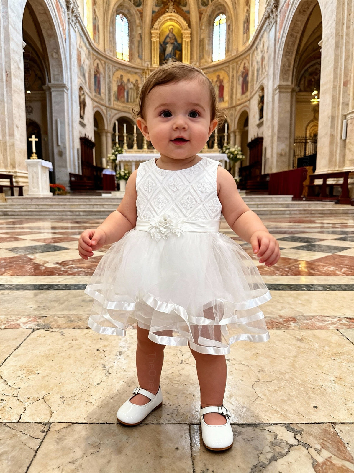Abito da Battesimo Neonata Bianco 6–36 Mesi – Tulle a Strati con Bordo Satinato e Fiocco | Cerimonia Chiesa 21038