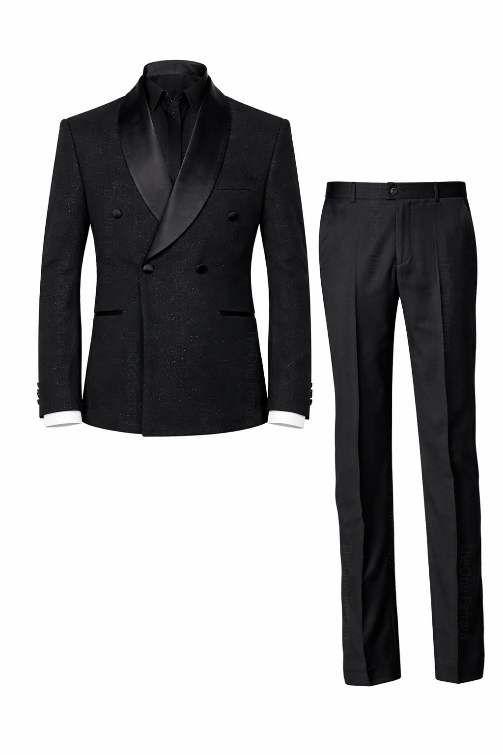 Smoking Uomo Doppiopetto Nero – Rever a Scialle in Raso, Effetto Glitter | Set 2 Pezzi Giacca + Pantaloni-DLC8360-31-TheOne Ferrara Nero