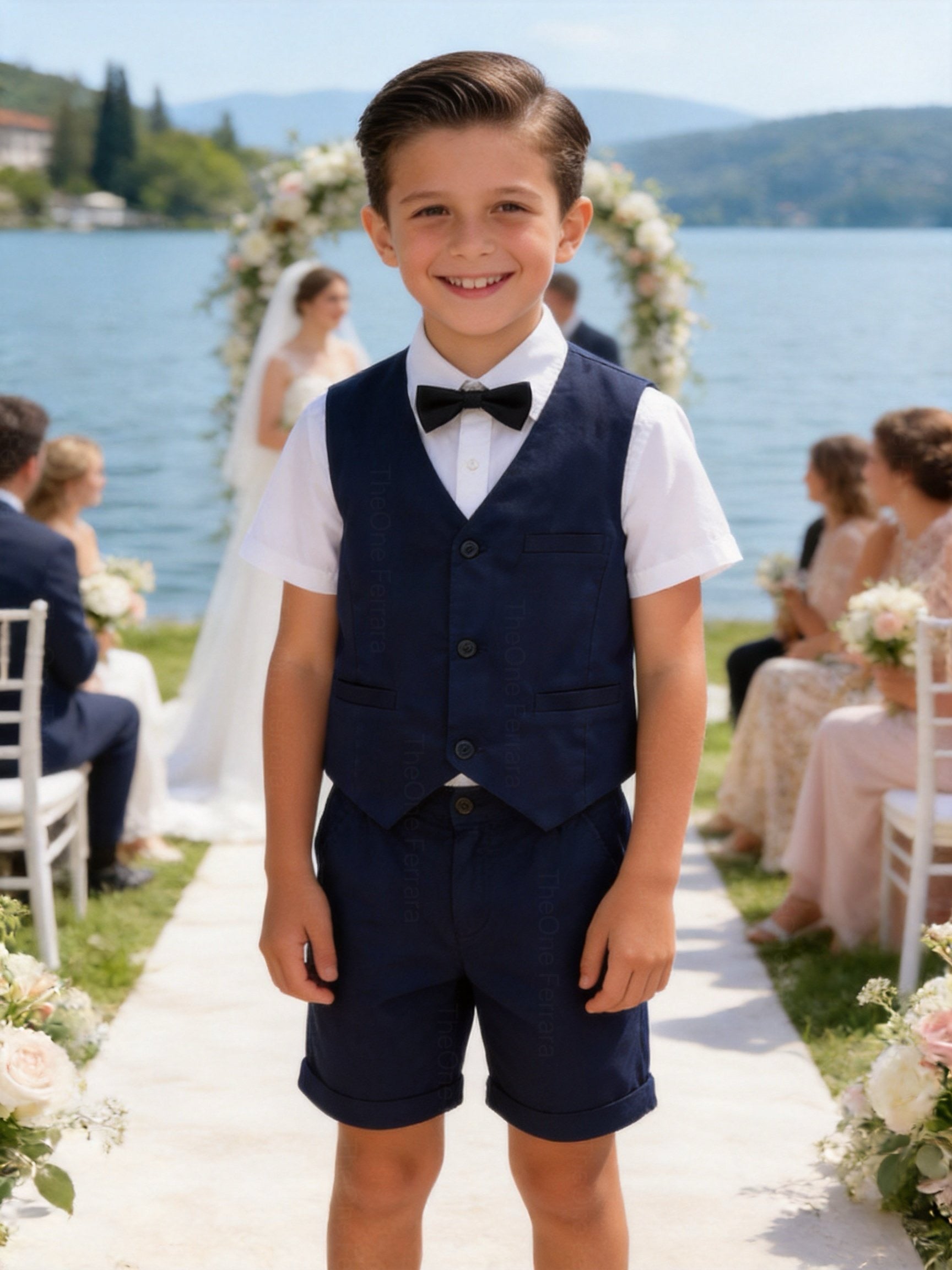Completo Bambino Cerimonia con Gilet, Camicia e Pantaloncini | 4-14 Anni Blu navy