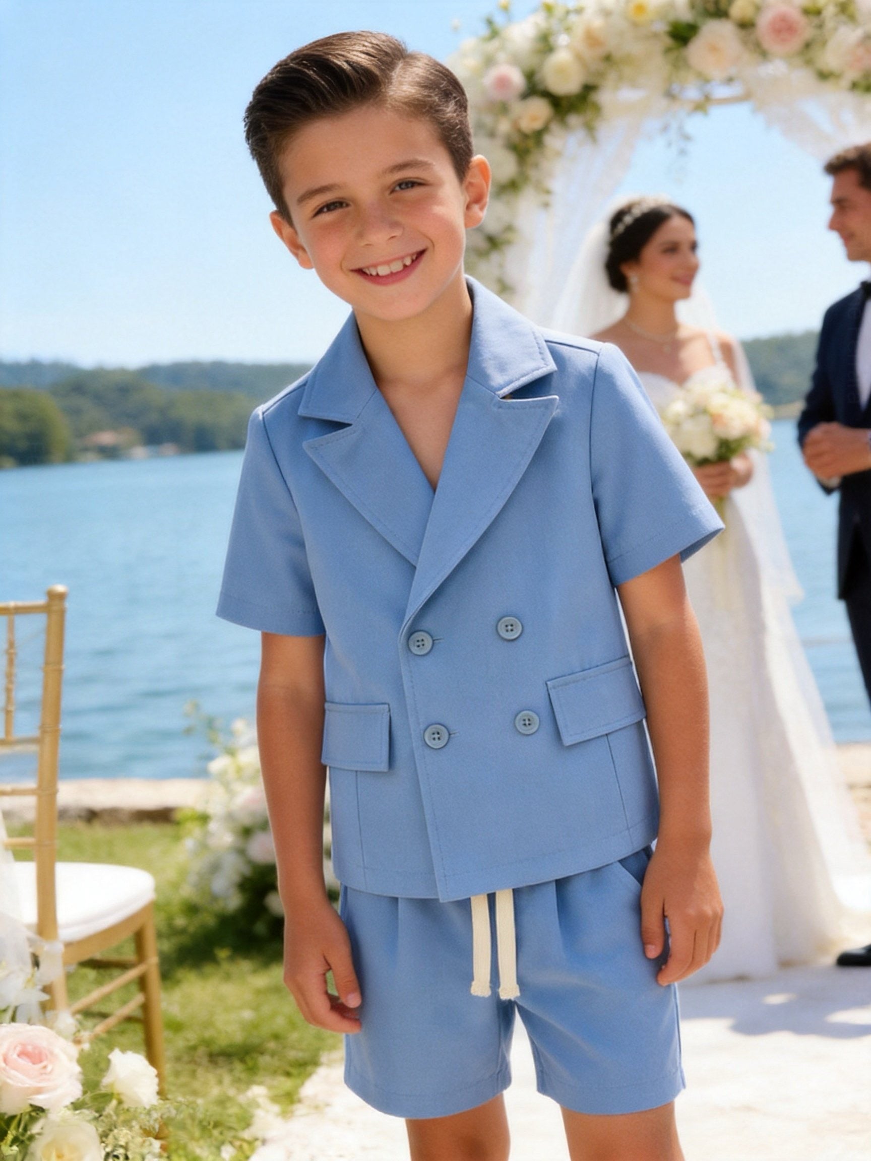 Completo Bambino Cerimonia 2 Pezzi con Giacca a Maniche Corte e Pantaloncini | 4-14 Anni Azzuro 4 Anni