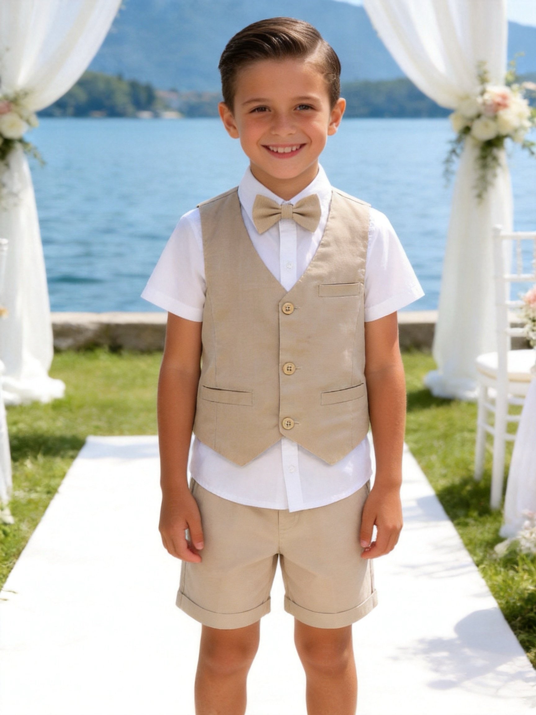 Completo Bambino Cerimonia con Gilet, Camicia e Pantaloncini | 4-14 Anni Beige 4-5 Anni