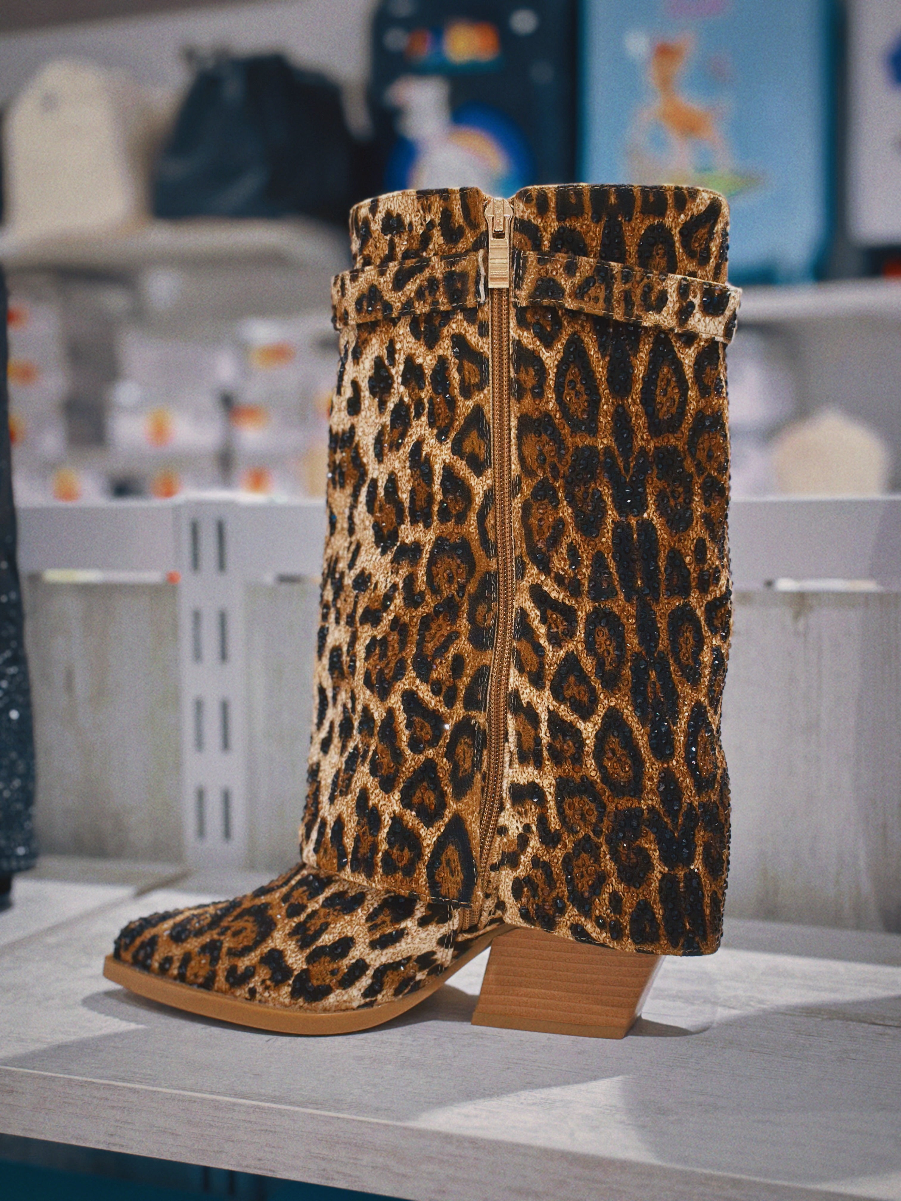 Stivaletti leopardati da donna con paillettes – Tacco largo, perfetti per party e street style-FK5（7cm）