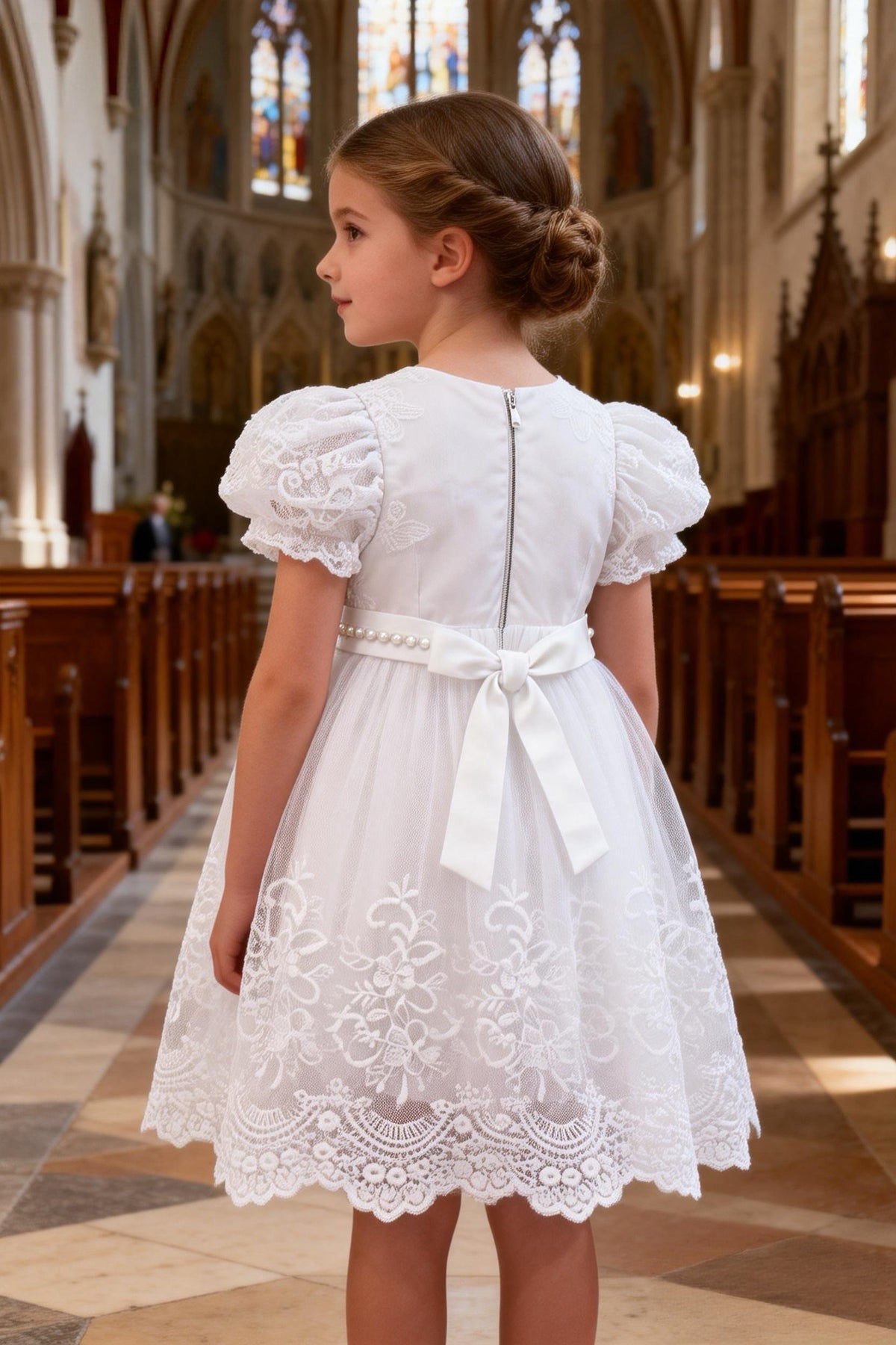Abito da Damigella | Vestito Principessa in Pizzo Bianco | Elegante Abito da Cerimonia per Bambina 815