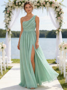 Abito Damigella Monospalla in Chiffon con Spacco Laterale verde acqua S