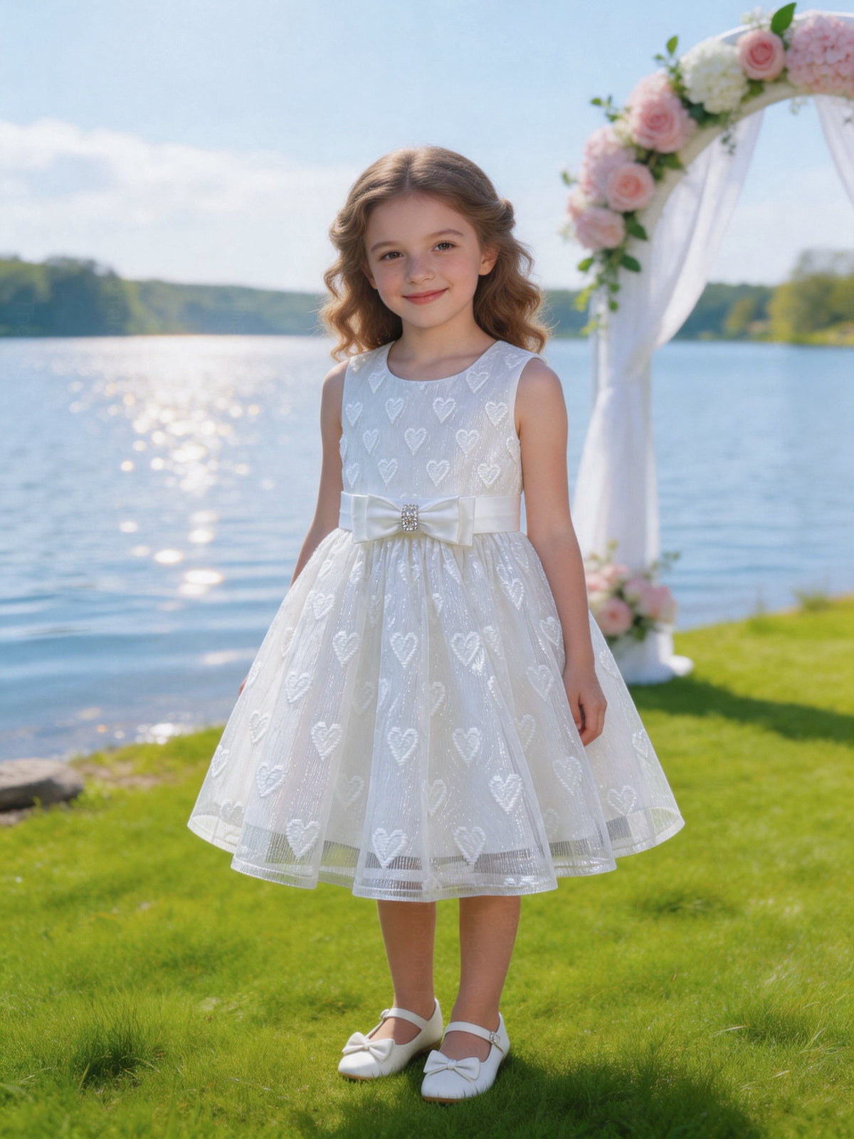 Vestito Bambina Elegante in Organza Jacquard Lurex con Fiocco