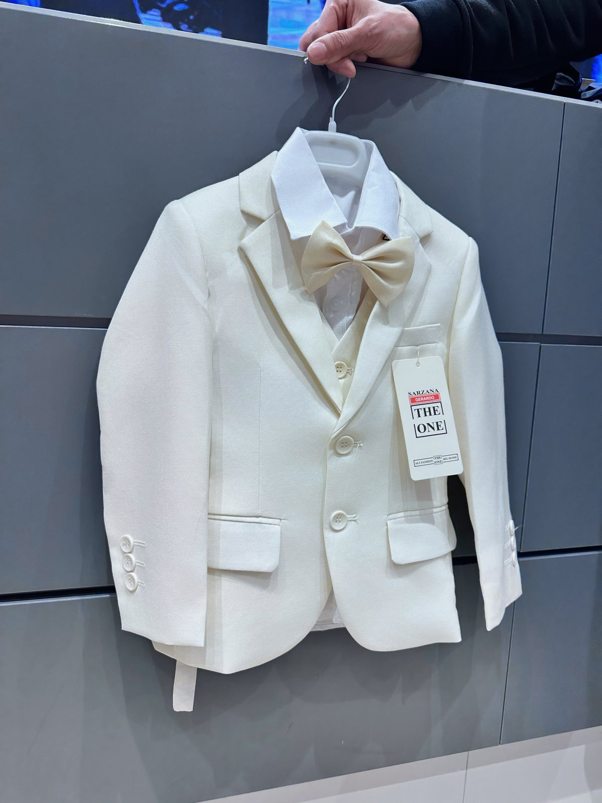 Completo Cerimonia Bambino 5 Pezzi – Abito Elegante Bianco Avorio con Giacca, Gilet, Camicia, Pantaloni e Papillon B61 ，4-14Anni TheOne