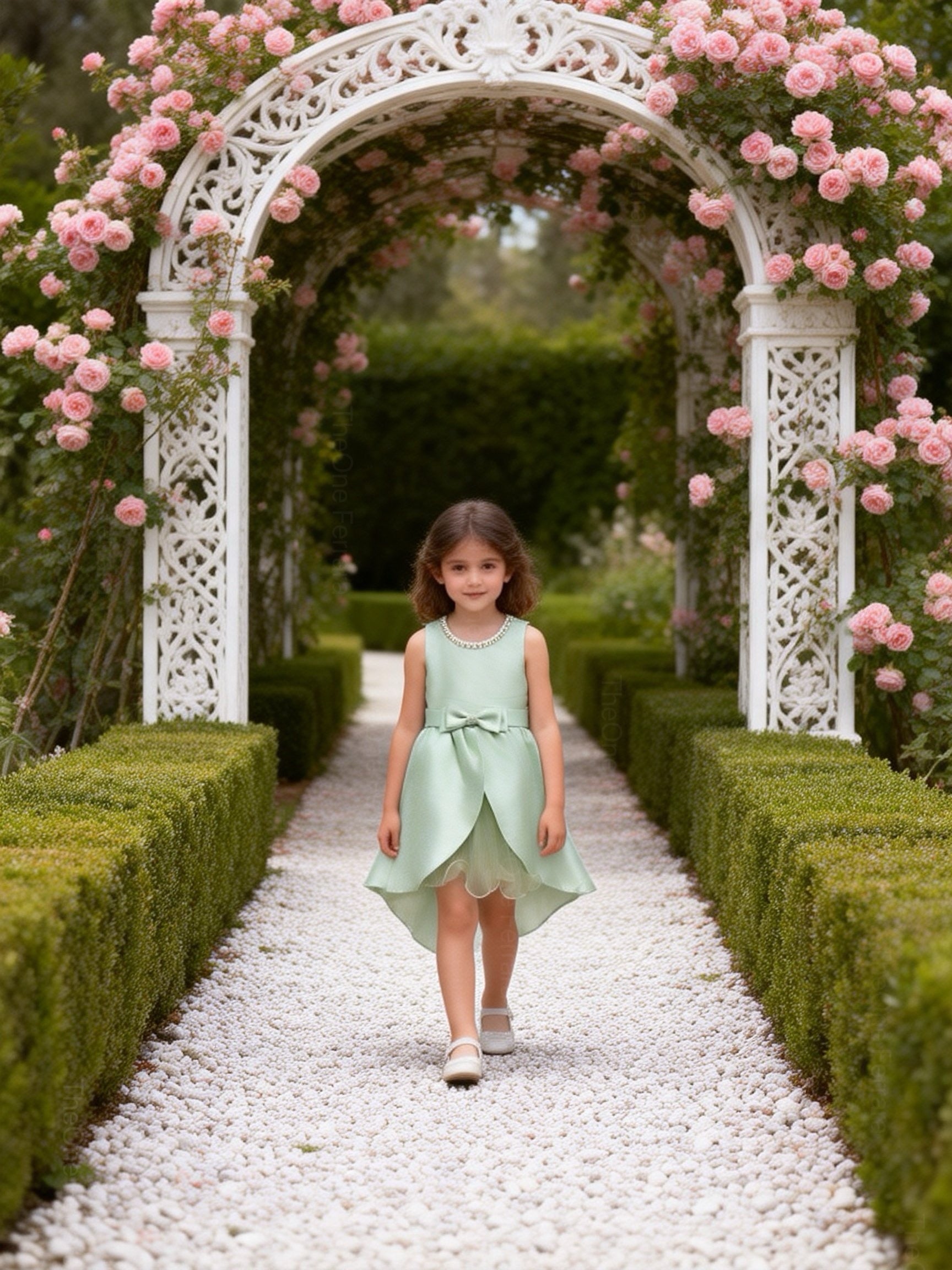 Abito da Cerimonia Bambina in Raso con Gonna in Tulle e Fiocco – Scollo Perle 2-12 Anni 750