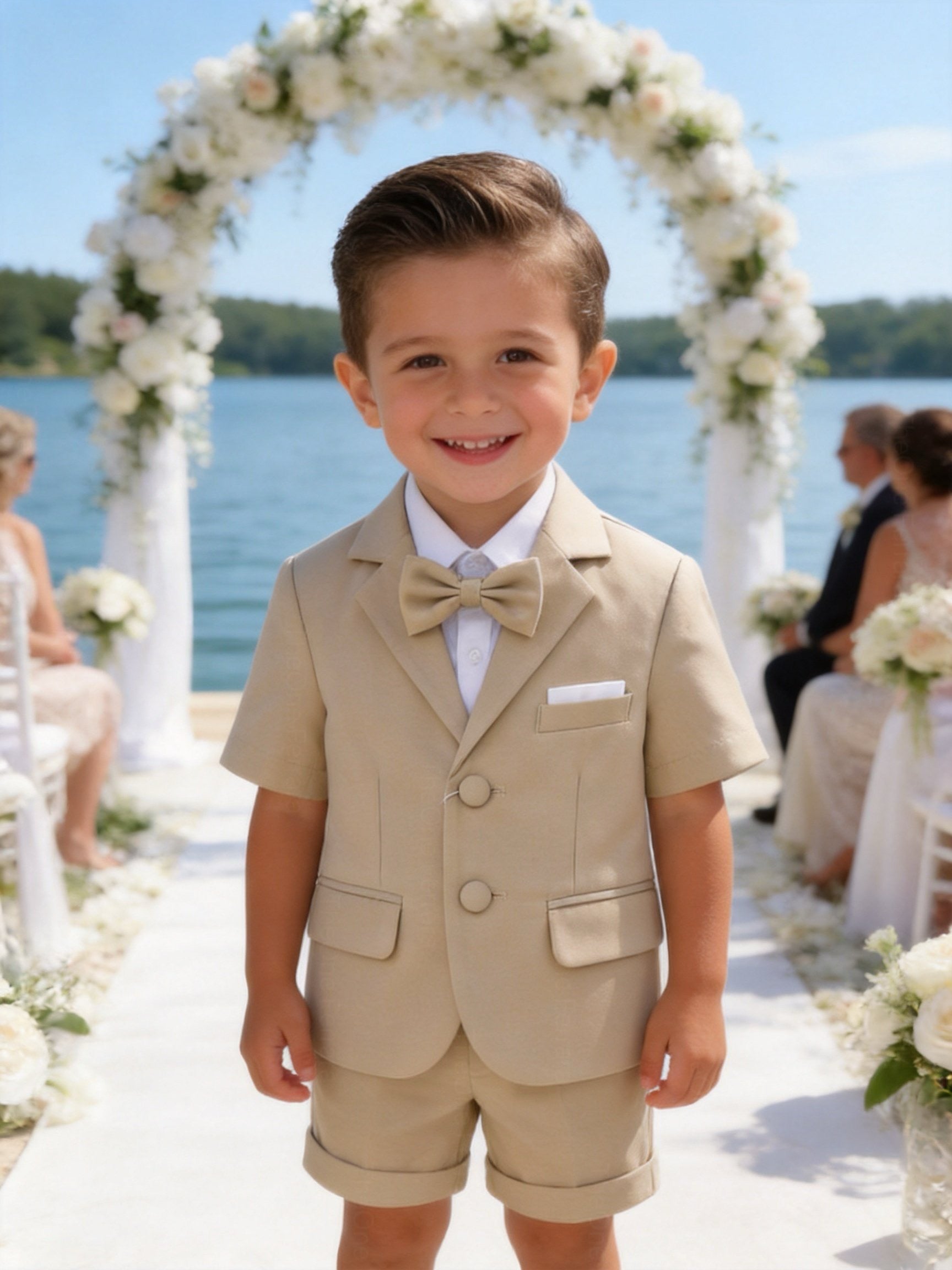 Completo Elegante Bambino Verde Salvia 4 Pezzi con Giacca Shorts Camicia e Papillong 4-10Anni
