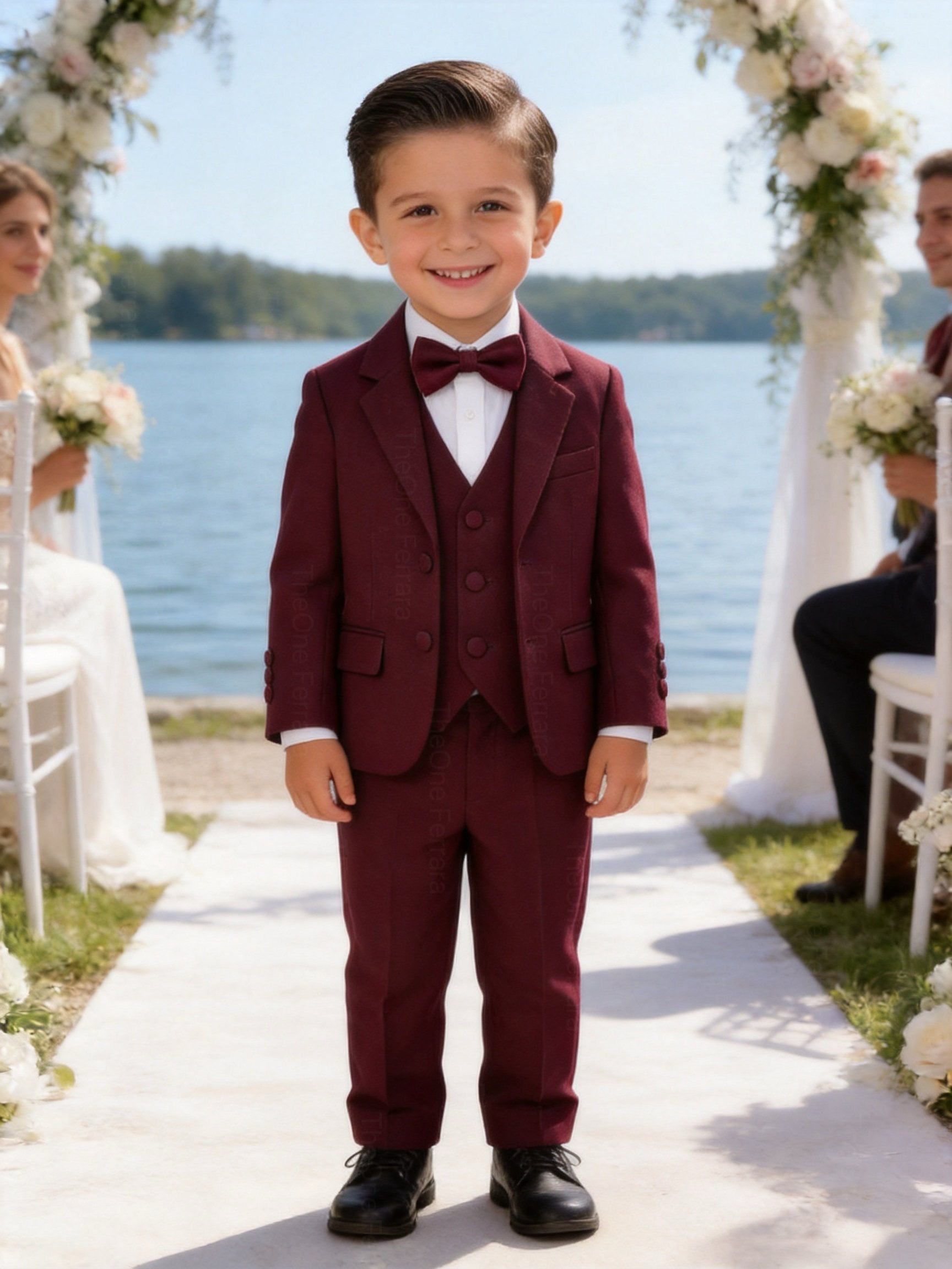 Completo Elegante Bambino Bordeaux 5 Pezzi con Giacca Gilet Pantaloni Camicia e Papillon
