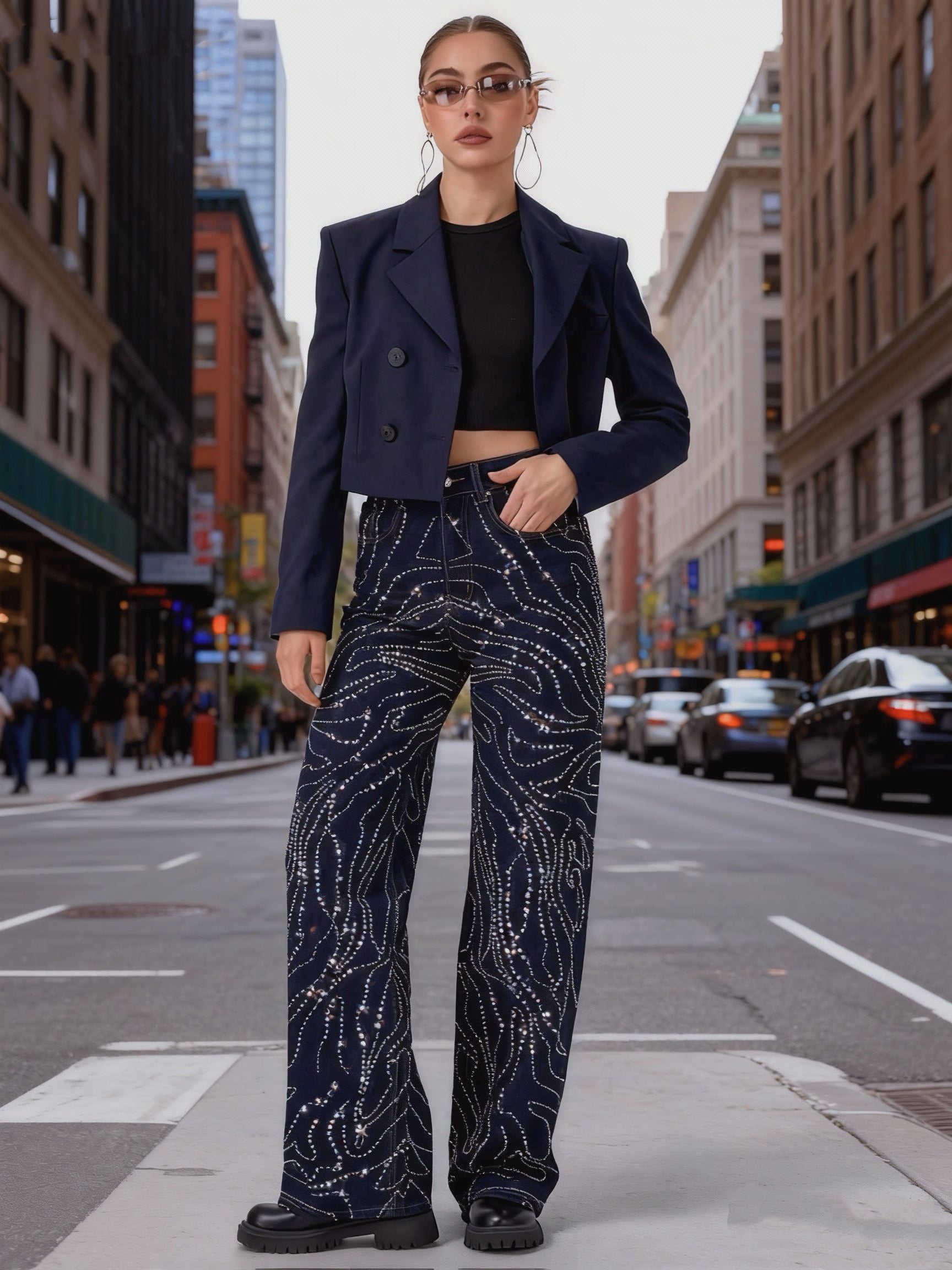 Jeans Donna a Vita Alta con Decorazioni Luminose – Linee Puntinate Brillanti, Gamba Dritta, Stile Urban – Mod. 1080-TheOne