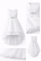 Abito da Cerimonia Bambina Elegante 4-14 Anni – Vestito Damigella in Tulle Multistrato con Cintura Gioiello (Bianco, Champagne, Azzurro) 82535