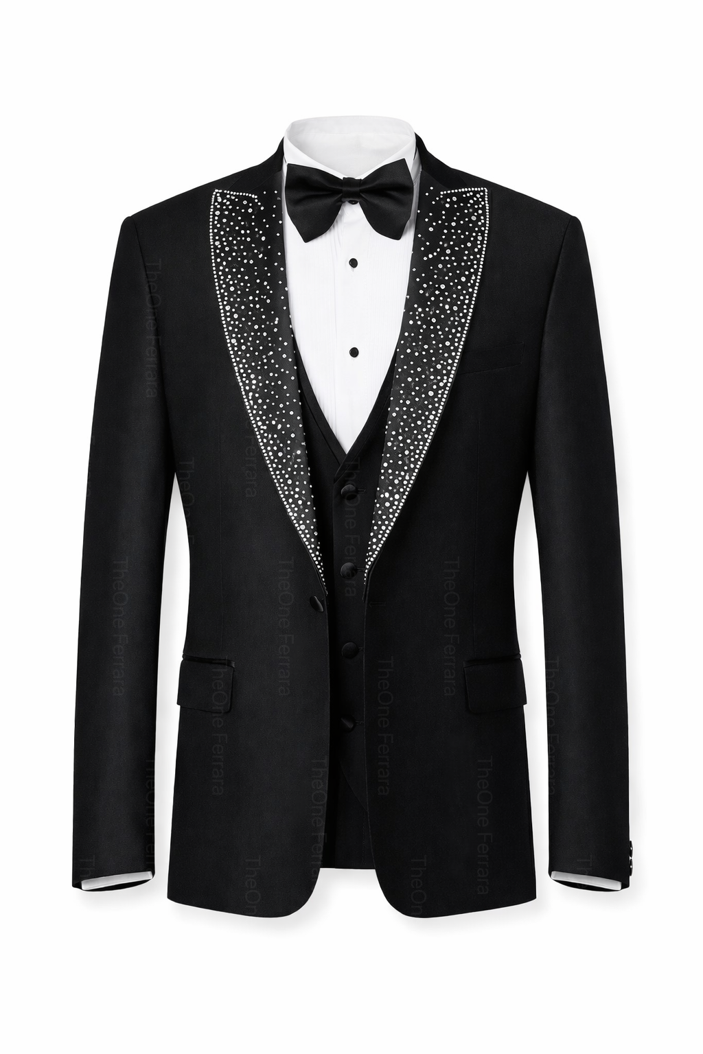 Smoking Uomo Nero 4 Pezzi (Giacca 1 Bottone + Gilet + Pantaloni + Papillon) – Slim Fit 300-1-TheOne Ferrara