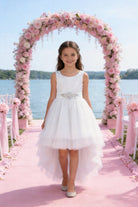 Abito da Cerimonia Bambina Elegante 4-14 Anni – Vestito Damigella in Tulle Multistrato con Cintura Gioiello (Bianco, Champagne, Azzurro) 82535
