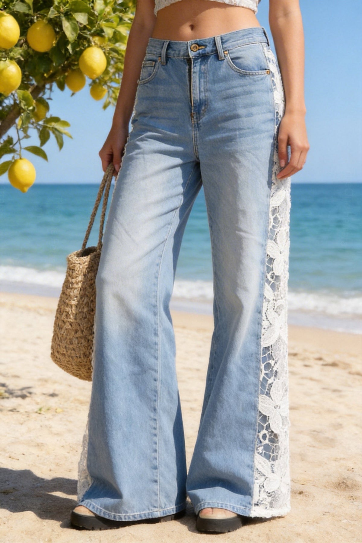 Jeans Donna a Gamba Larga con Inserto in Pizzo – Pantaloni Denim Eleganti Estivi 1989