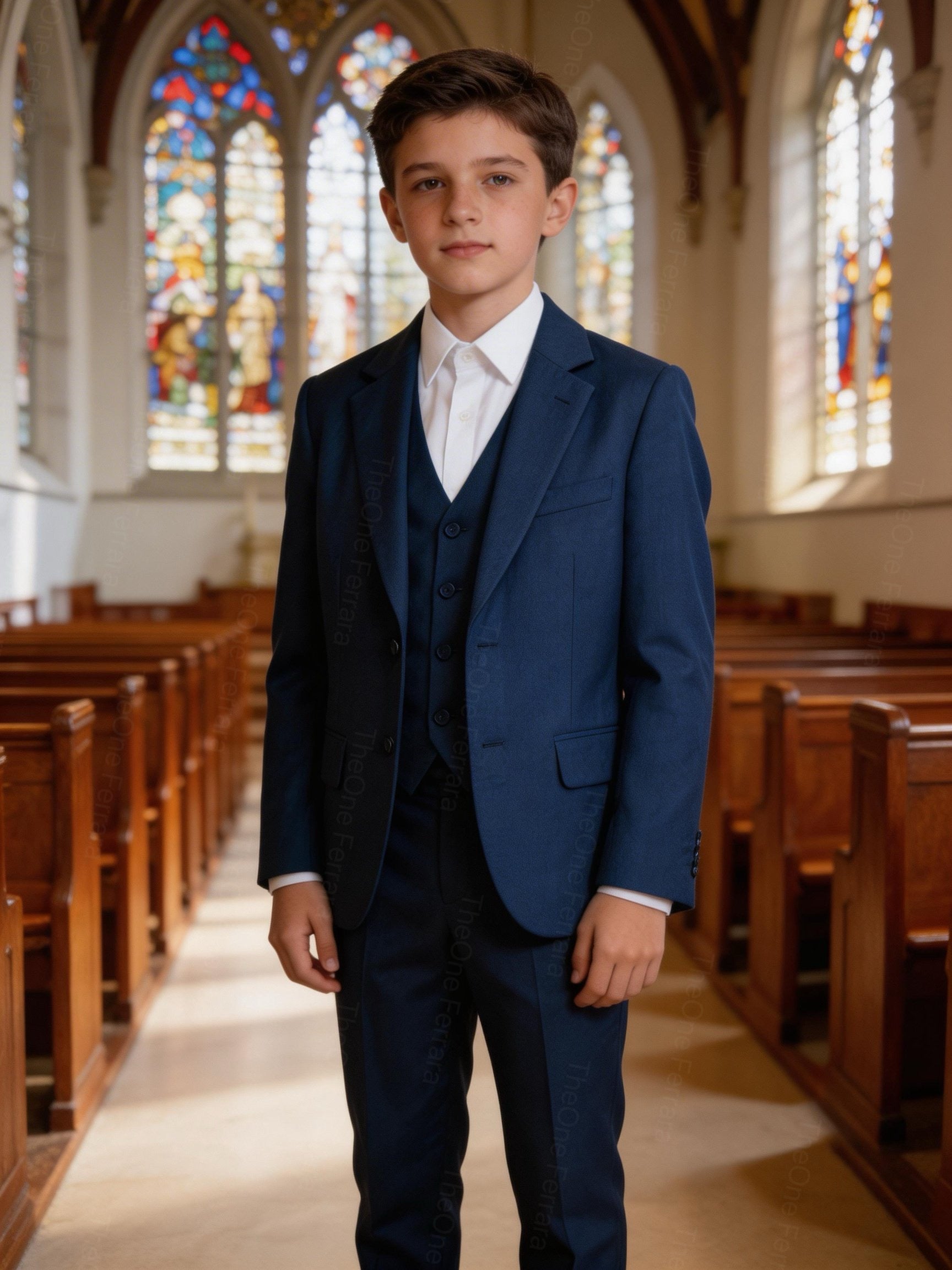 Completo Elegante Bambino Blu Classico 5 Pezzi Abito Cerimonia Matrimonio Comunione 1-16 Anni