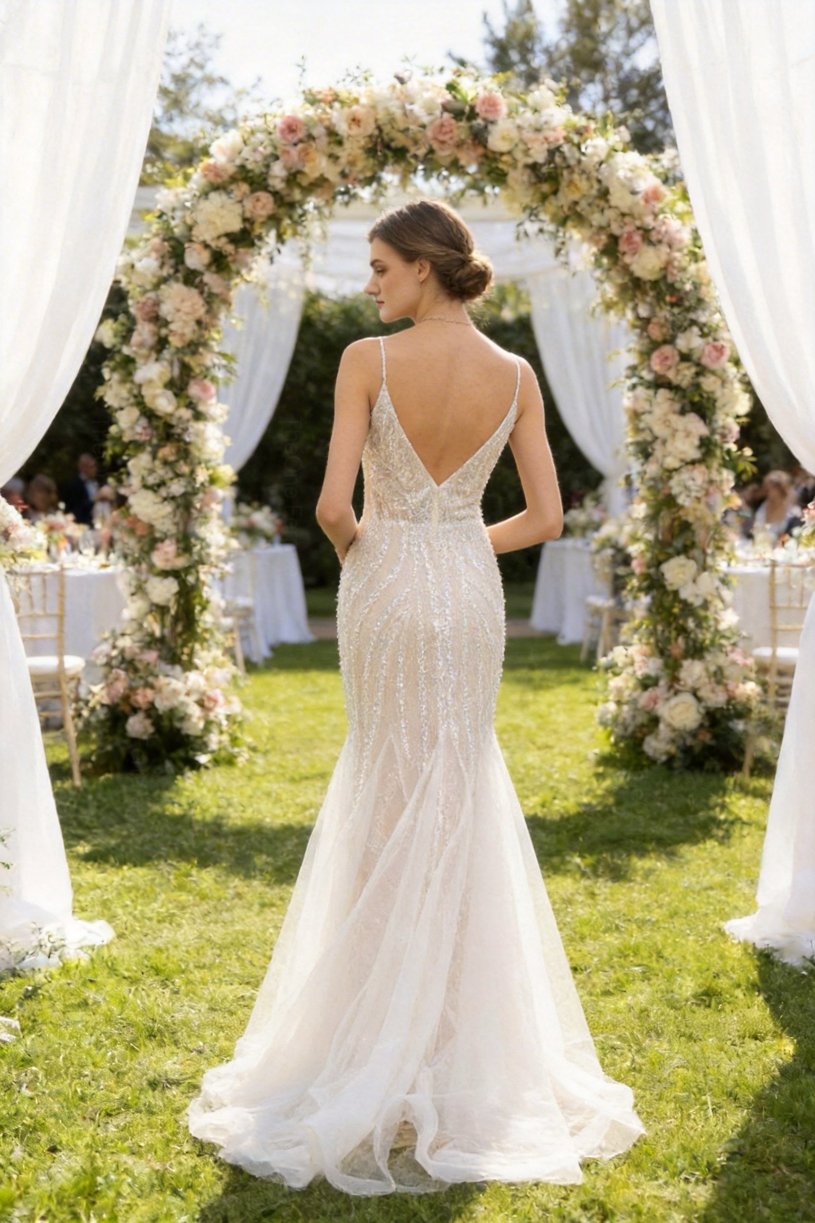 Abito da Sposa Sirena con Paillettes e Tulle – Vestito da Sposa Elegante con Scollatura Profonda e Schiena Scoperta 851016