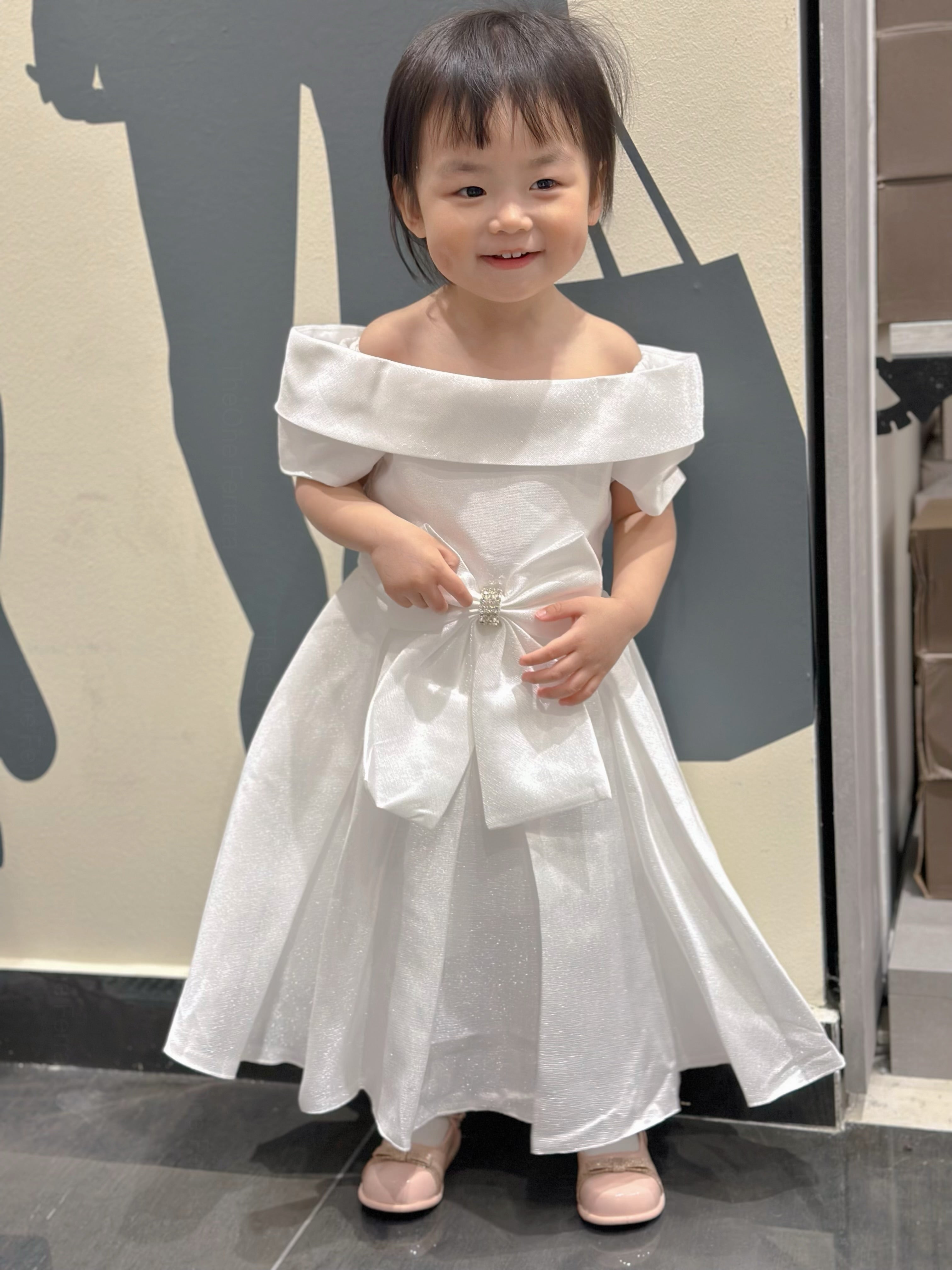 Vestito Bambina Cerimonia Elegante in Taffetà con Fiocco Grande 2-14 Anni