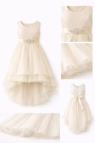 Abito da Cerimonia Bambina Elegante 4-14 Anni – Vestito Damigella in Tulle Multistrato con Cintura Gioiello (Bianco, Champagne, Azzurro) 82535