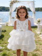 Vestito Cerimonia Bambina Bianco con Ricami e Gonna Volant in Tulle