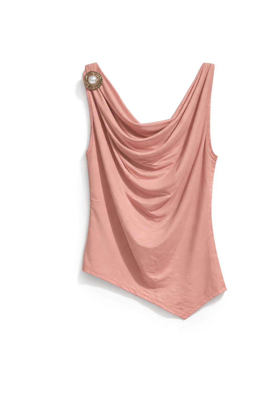 Top Donna Drappeggiato Elegante – Canotta Asimmetrica con Spilla Perla Rosa Taglia unica