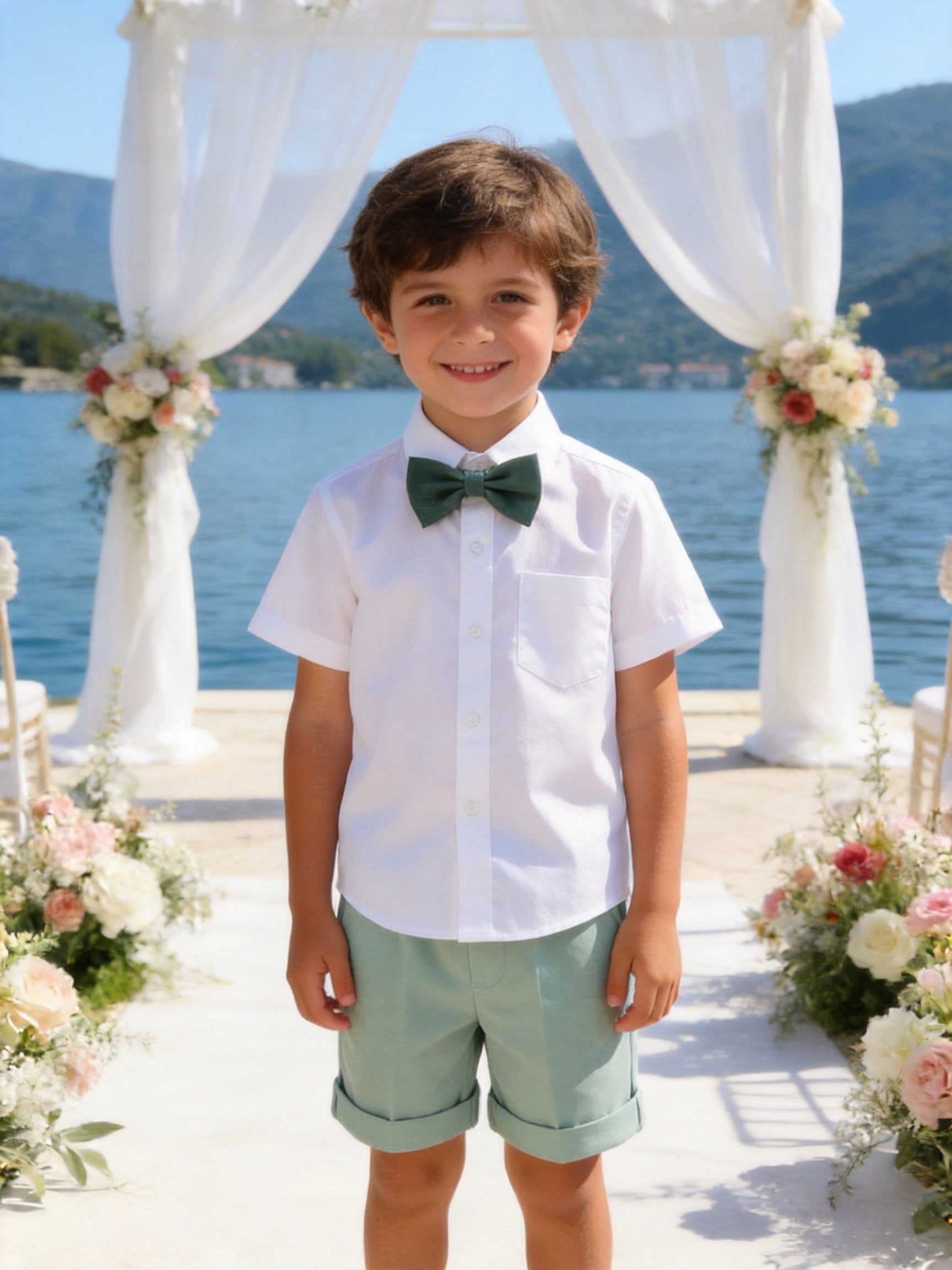 Completo Elegante Bambino Verde Salvia 4 Pezzi con Giacca Shorts Camicia e Papillong 4-10Anni