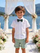 Completo Elegante Bambino Verde Salvia 4 Pezzi con Giacca Shorts Camicia e Papillong 4-10Anni