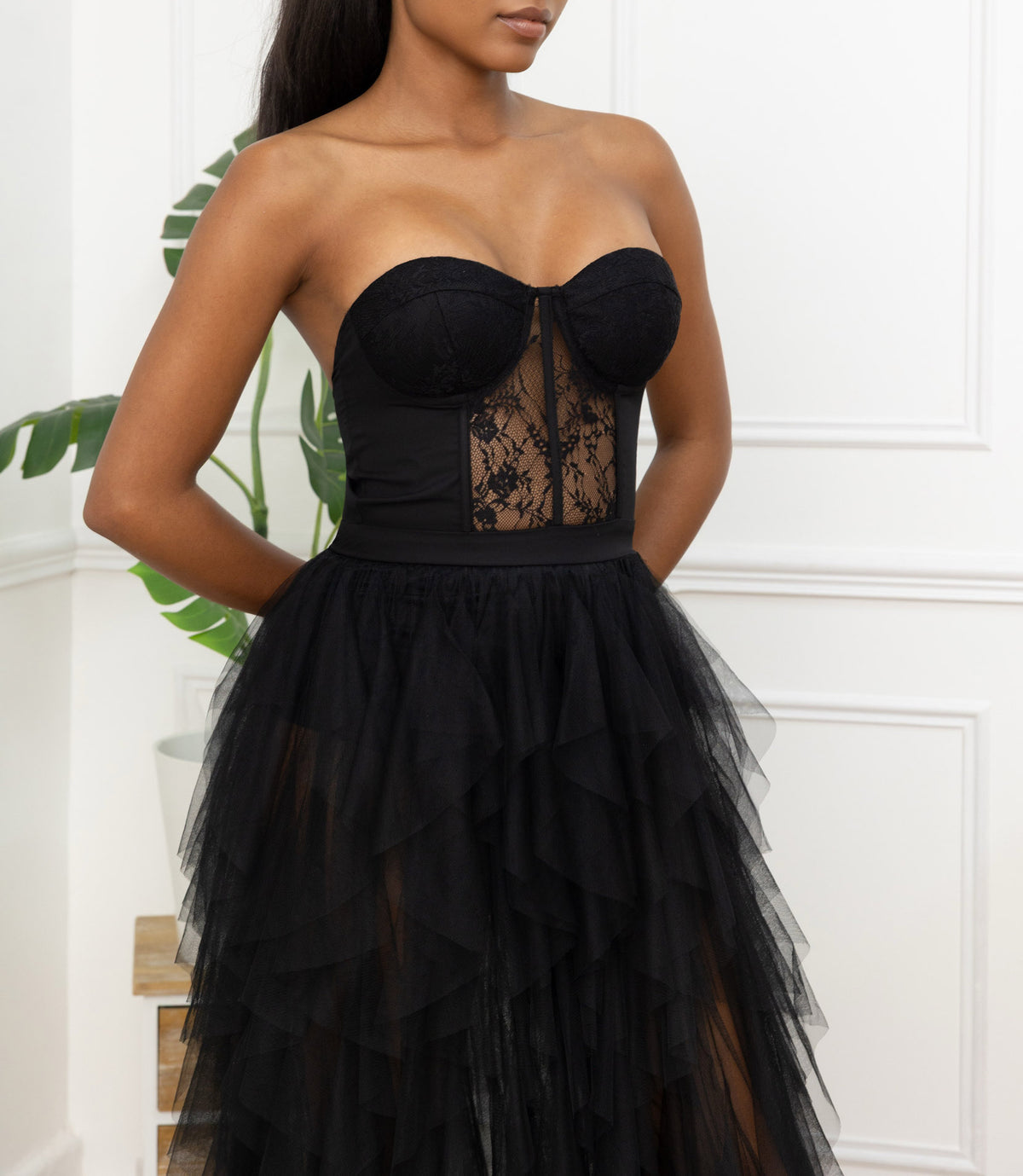 Abito da Sera Nero in Tulle con Corsetto – Vestito Lungo Elegante Bustier da Gala 521679