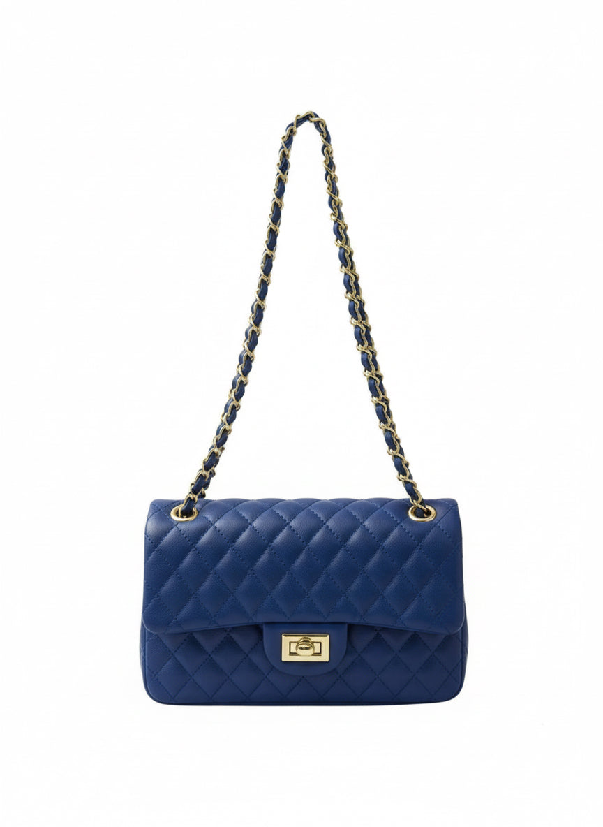 Borsa Donna Trapuntata a Spalla con Catena – Stile Italiano Elegante 9887, 27×8X16 cm Blue