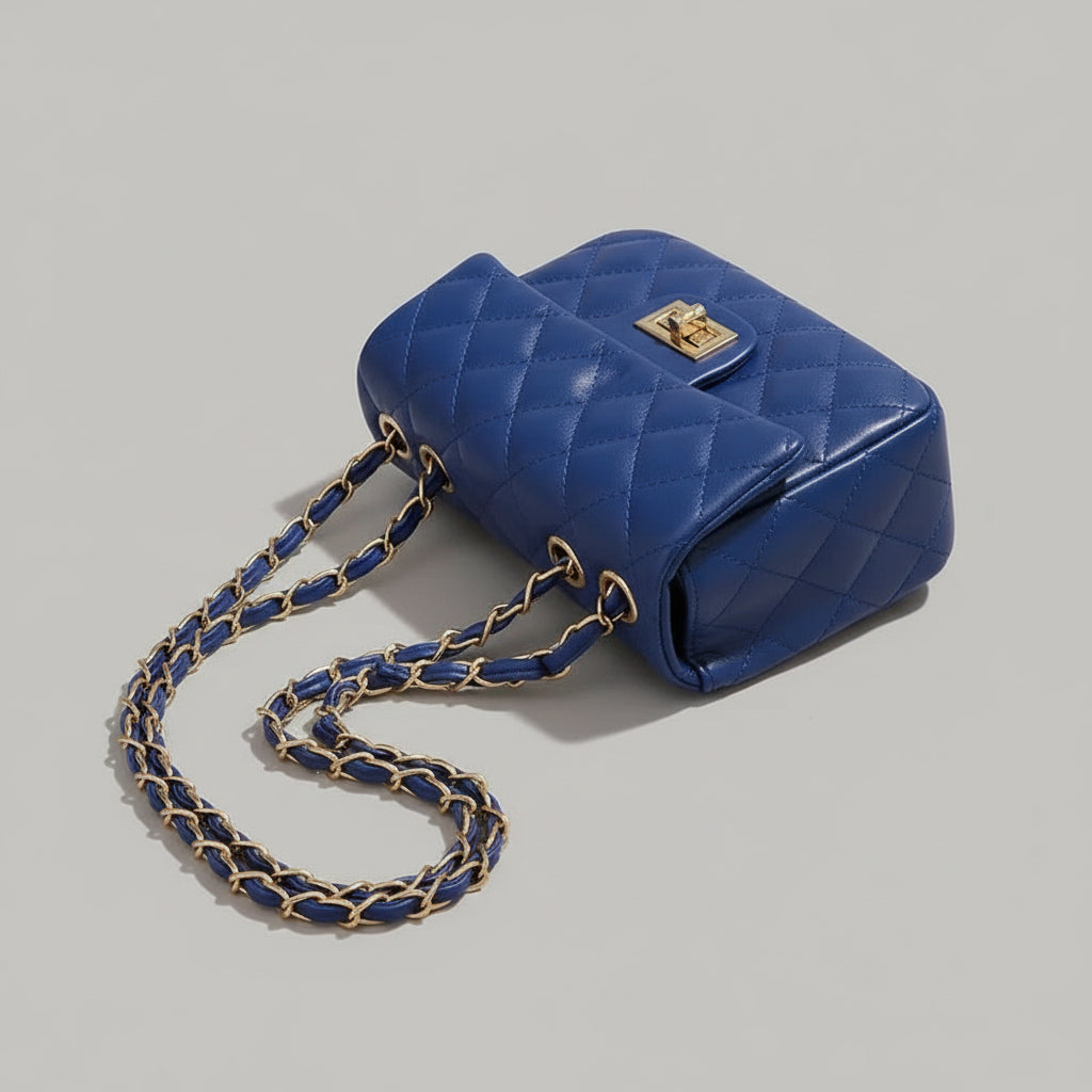 Mini Borsa Donna Trapuntata con Catena – Elegante e Compatta, Stile Italiano 9915(19×8X14cm) Blu